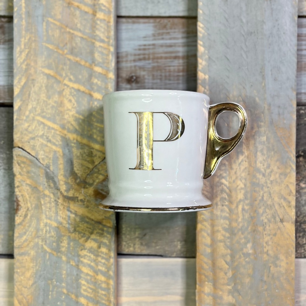 EUC. Classic P {Anthropologie} Gold Initial Coffee Mug + Monogram Tea Cup